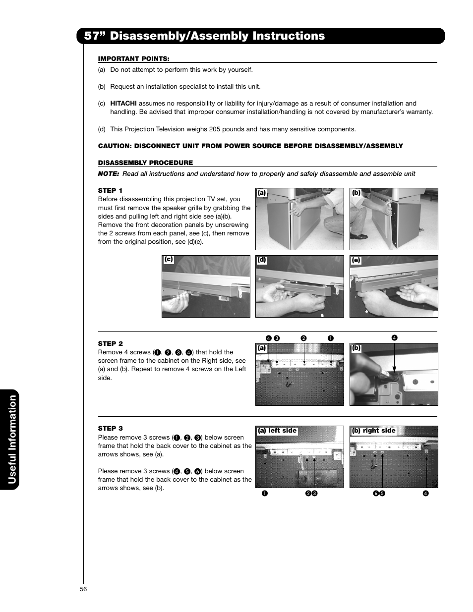 57” disassembly/assembly instructions, Useful information | Hitachi 57F710E User Manual | Page 56 / 72