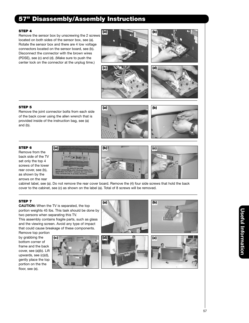 57” disassembly/assembly instructions, Useful information | Hitachi 57F710E User Manual | Page 57 / 72