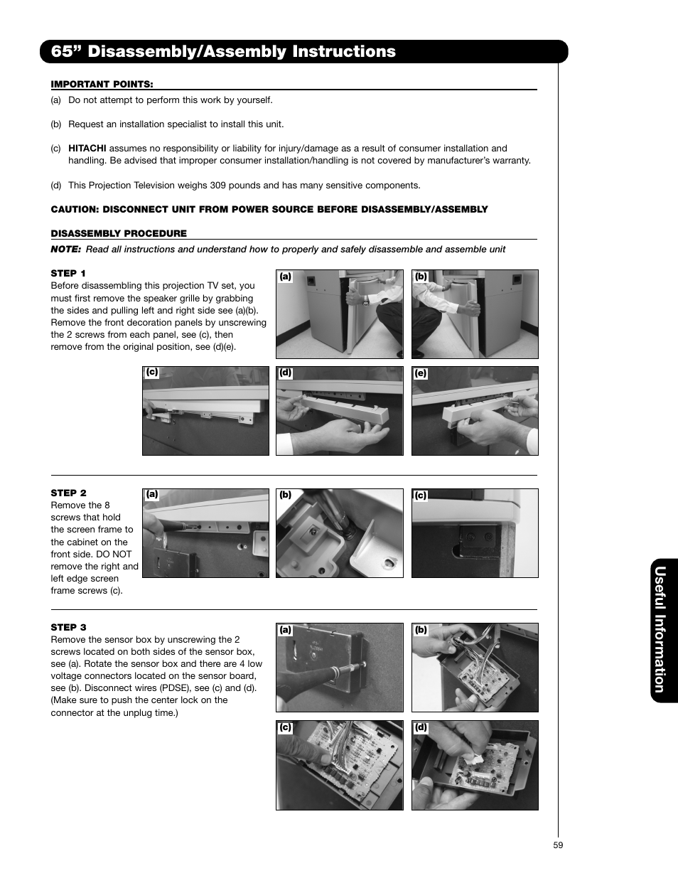 65” disassembly/assembly instructions, Useful information | Hitachi 57F710E User Manual | Page 59 / 72