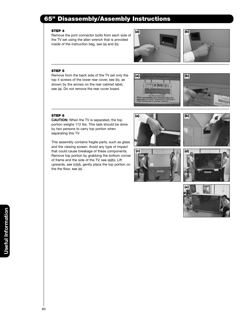 65” disassembly/assembly instructions, Useful information | Hitachi 57F710E User Manual | Page 60 / 72