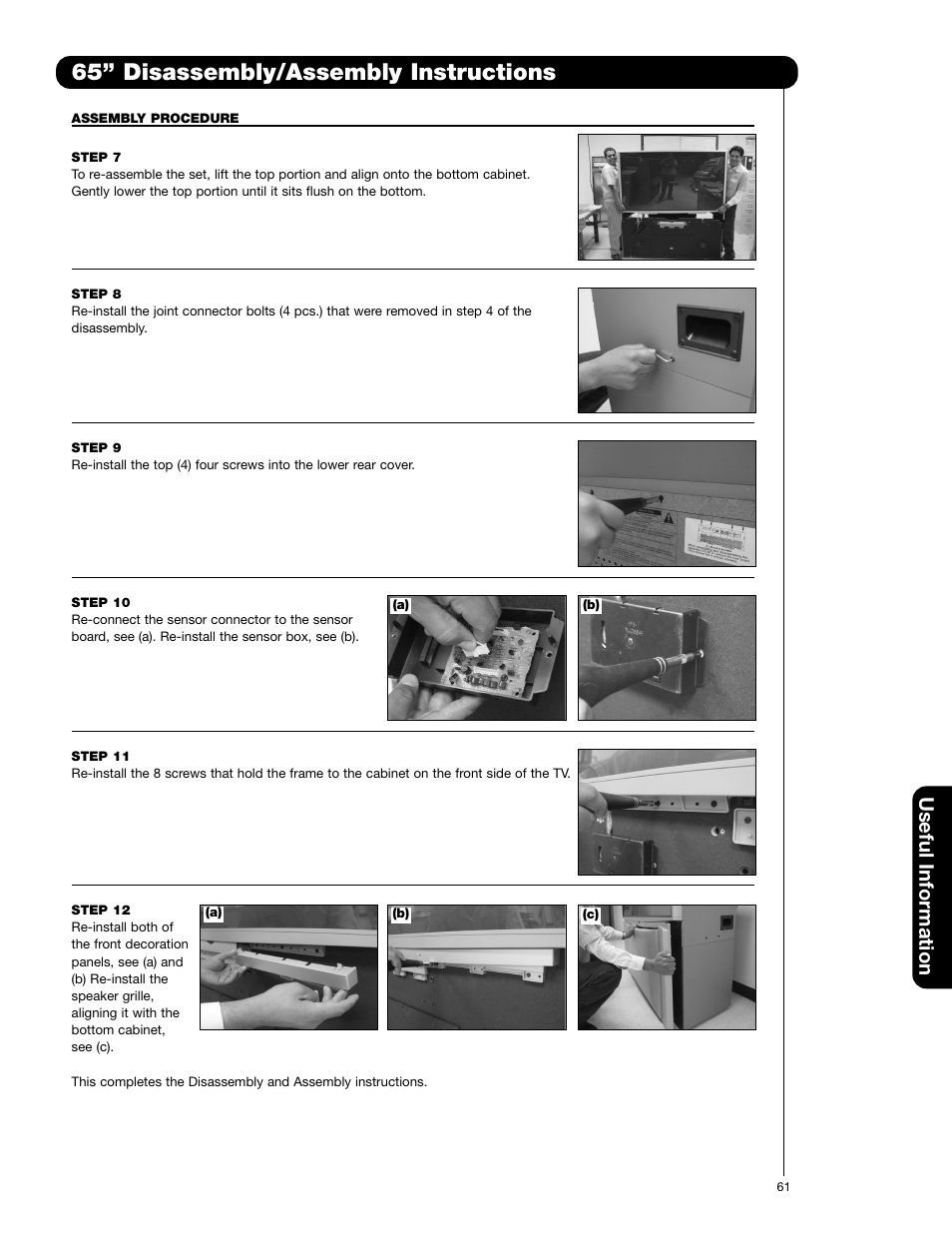 65” disassembly/assembly instructions, Useful information | Hitachi 57F710E User Manual | Page 61 / 72