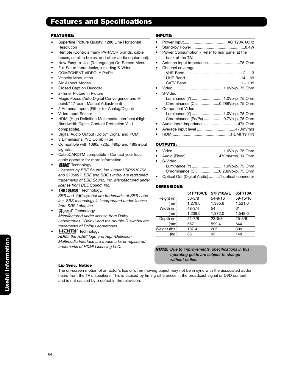 Features and specifications, Useful information | Hitachi 57F710E User Manual | Page 64 / 72