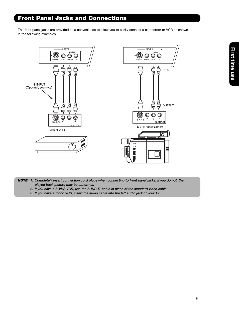 Front panel jacks and connections, First time use | Hitachi 57F710E User Manual | Page 9 / 72