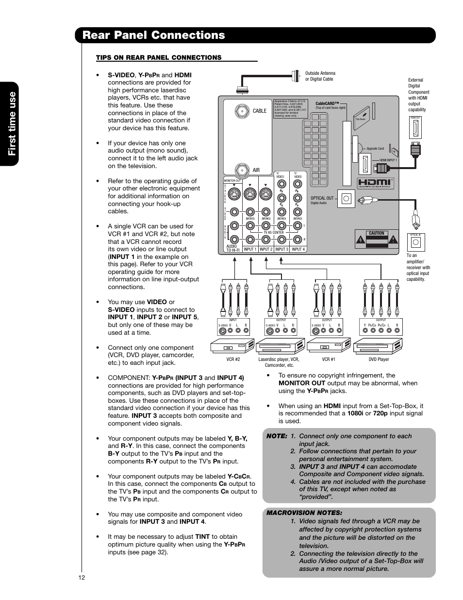 Rear panel connections, First time use, Tips on rear panel connections • s-video , y-p | Input and the components r-y output to the tv’s p, Input. • your component outputs may be labeled y-c, Output to the tv’s p, Input and the components c | Hitachi 51F710A User Manual | Page 12 / 72