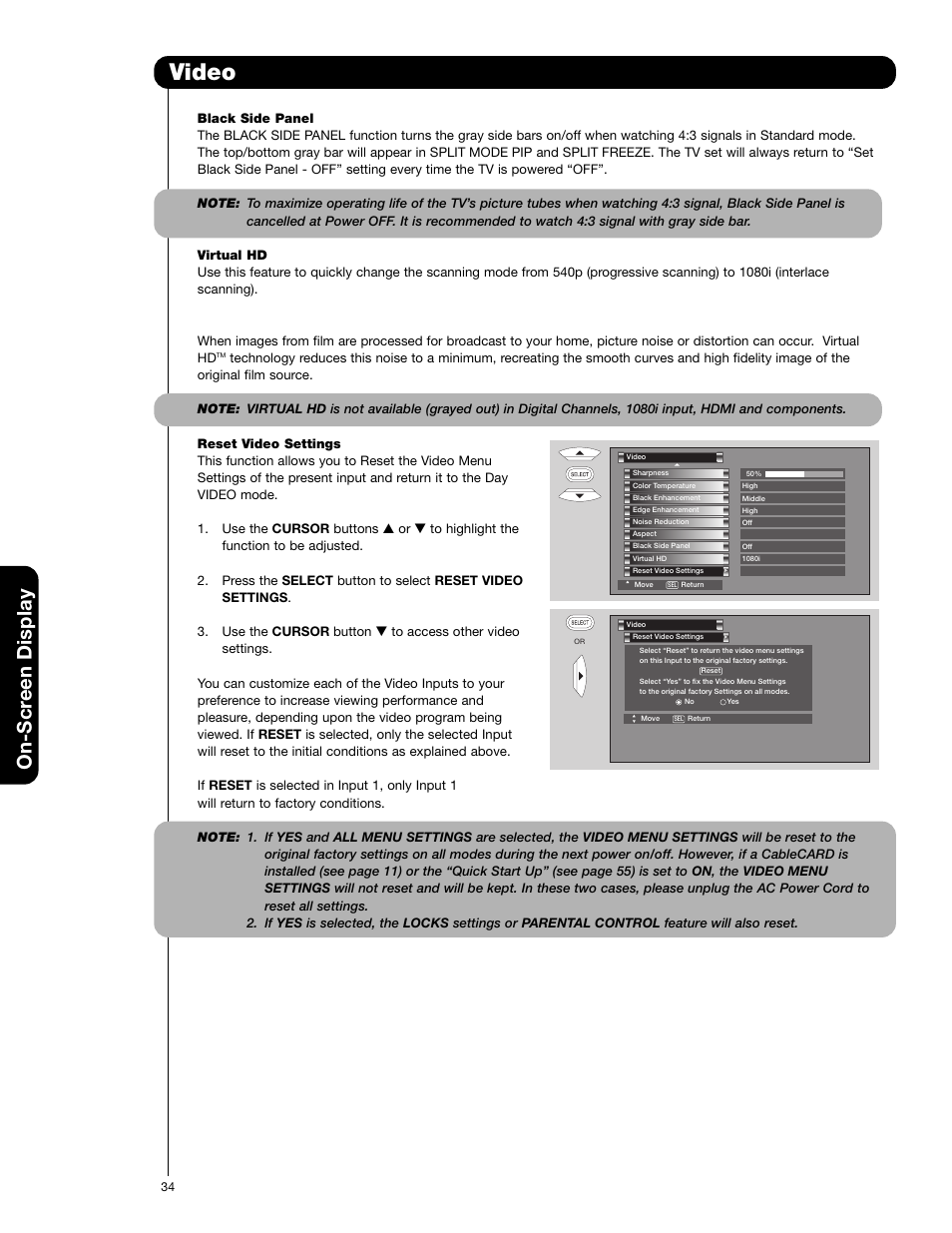 Video, On-scr een display | Hitachi 51F710A User Manual | Page 34 / 72