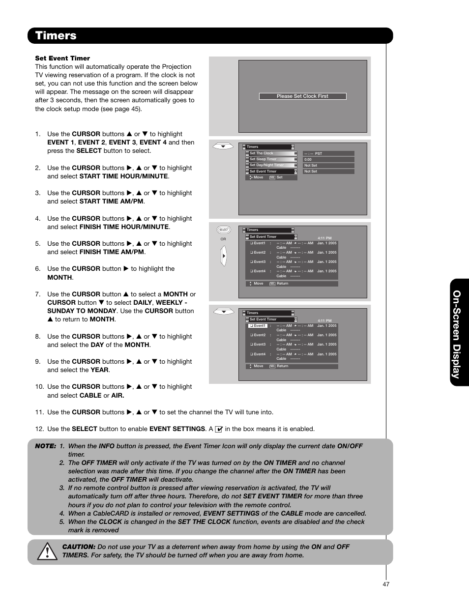 Timers, On-scr een display | Hitachi 51F710A User Manual | Page 47 / 72