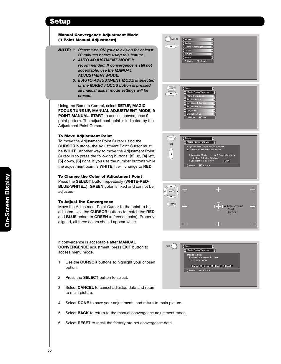 Setup, On-scr een display | Hitachi 51F710A User Manual | Page 50 / 72