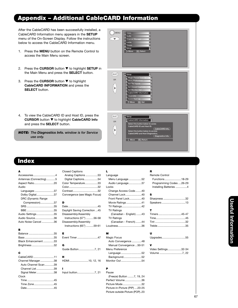 Index, Appendix – additional cablecard information, Useful information | Hitachi 51F710A User Manual | Page 67 / 72