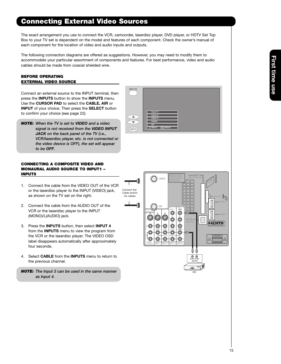 Connecting external video sources, First time use | Hitachi 55VF820 User Manual | Page 15 / 72