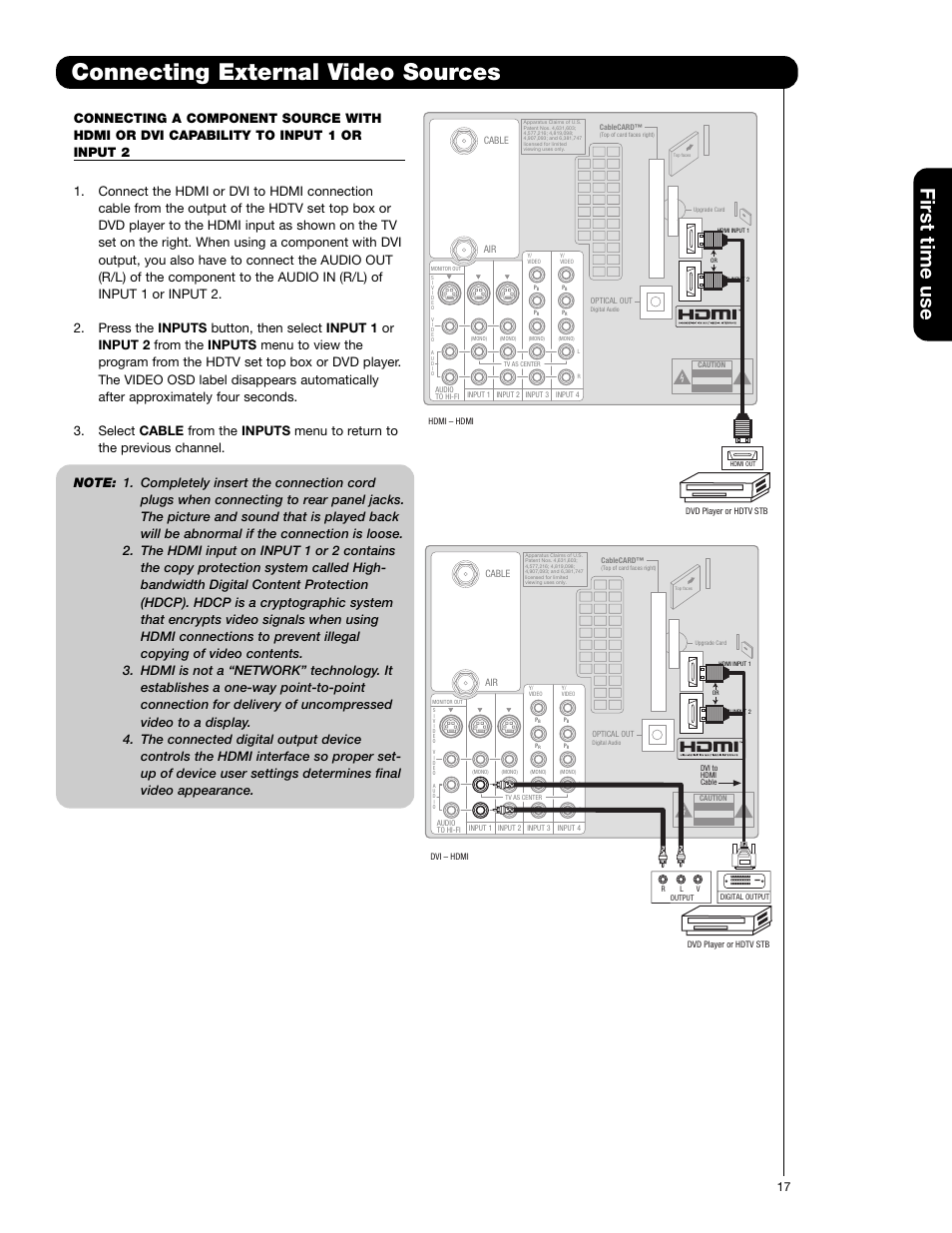 Connecting external video sources, First time use | Hitachi 55VF820 User Manual | Page 17 / 72