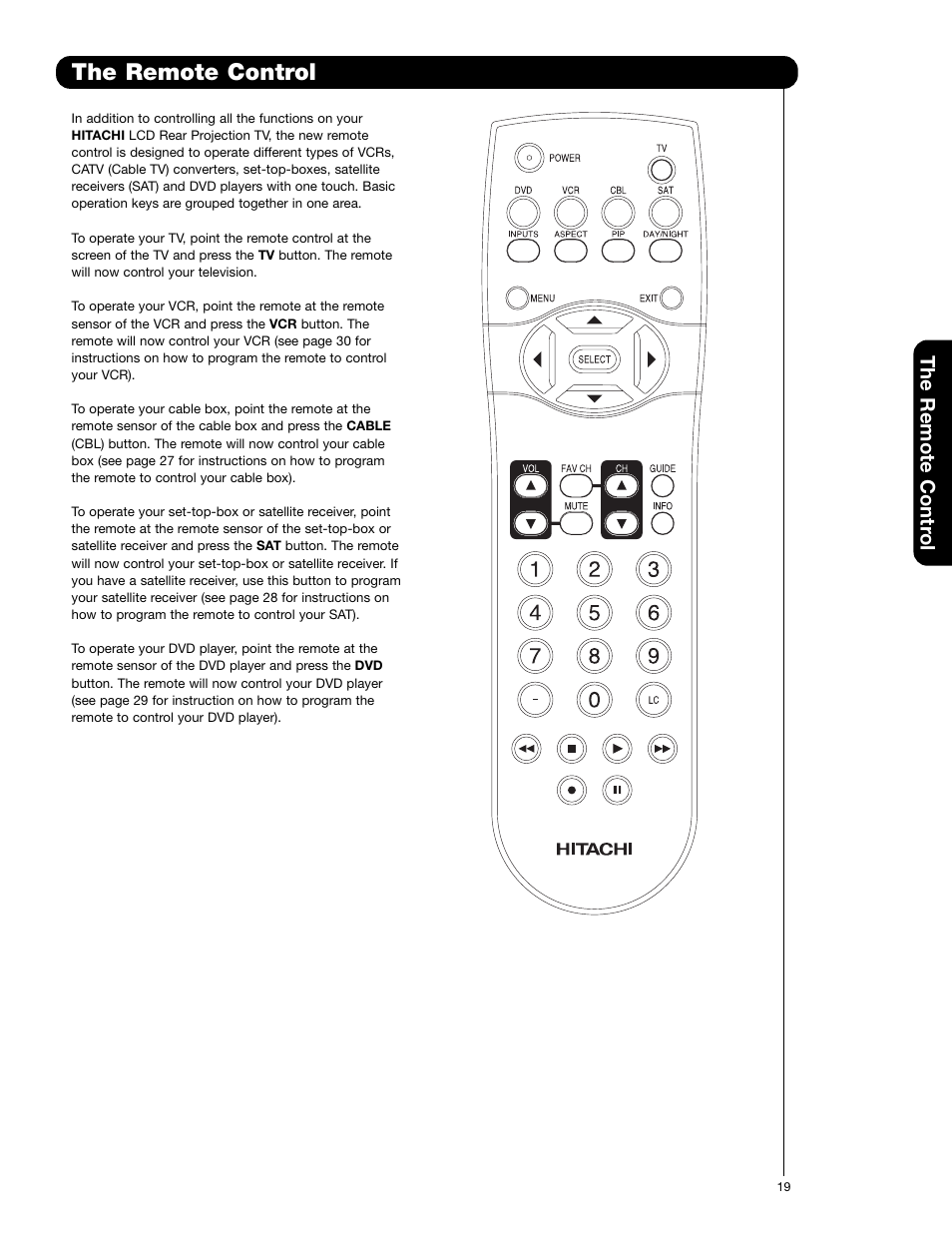 The remote control, The remote contr o l | Hitachi 55VF820 User Manual | Page 19 / 72