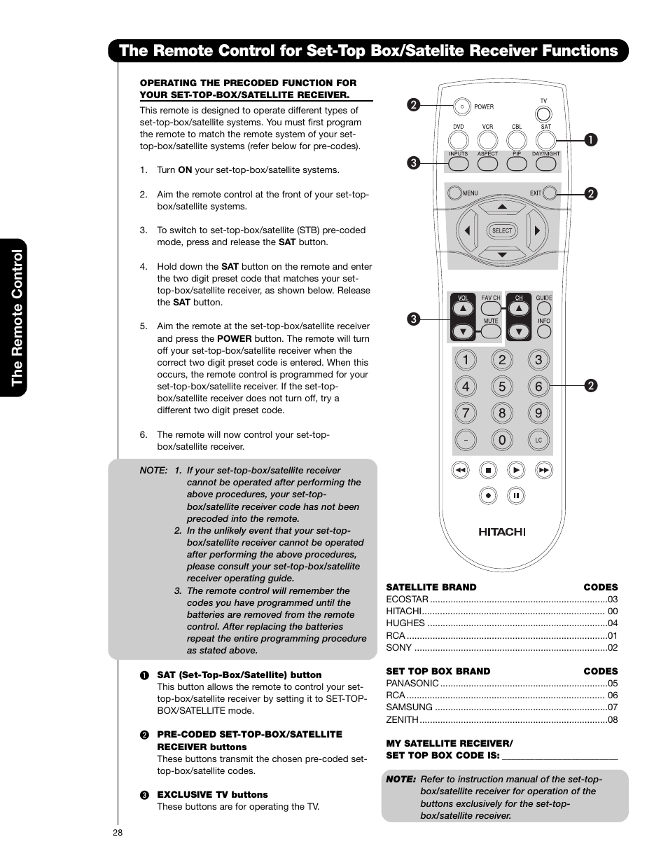 The remote contr o l | Hitachi 55VF820 User Manual | Page 28 / 72