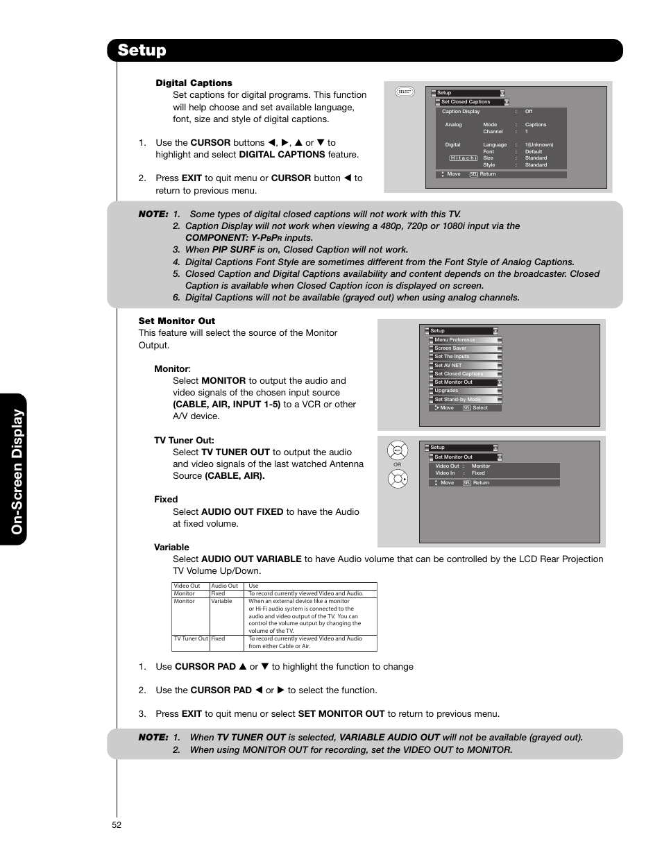 Setup, On-scr een display | Hitachi 55VF820 User Manual | Page 52 / 72