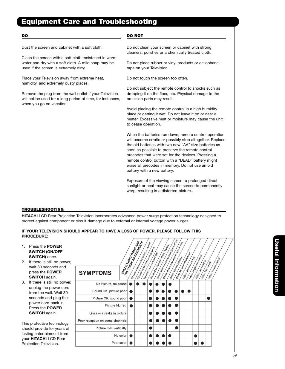 Equipment care and troubleshooting, Useful information | Hitachi 55VF820 User Manual | Page 59 / 72