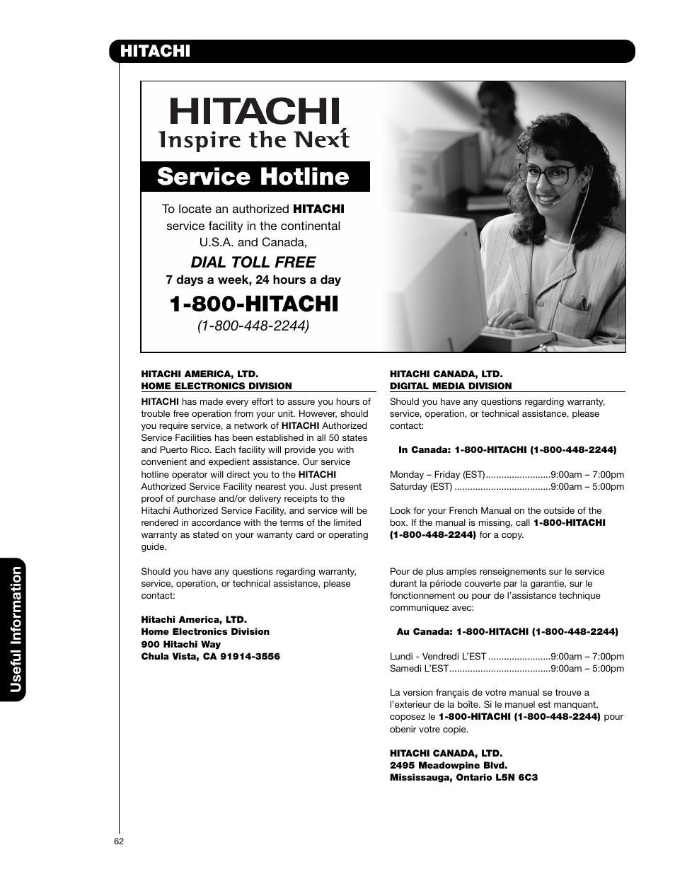 Service hotline, 800-hitachi, Hitachi | Dial toll free, Useful information | Hitachi 55VF820 User Manual | Page 62 / 72