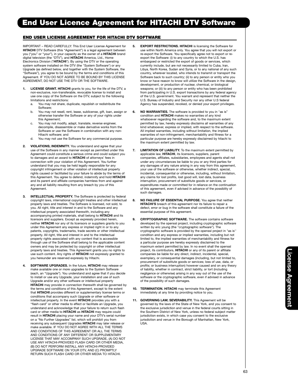 License agr eement | Hitachi 55VF820 User Manual | Page 63 / 72