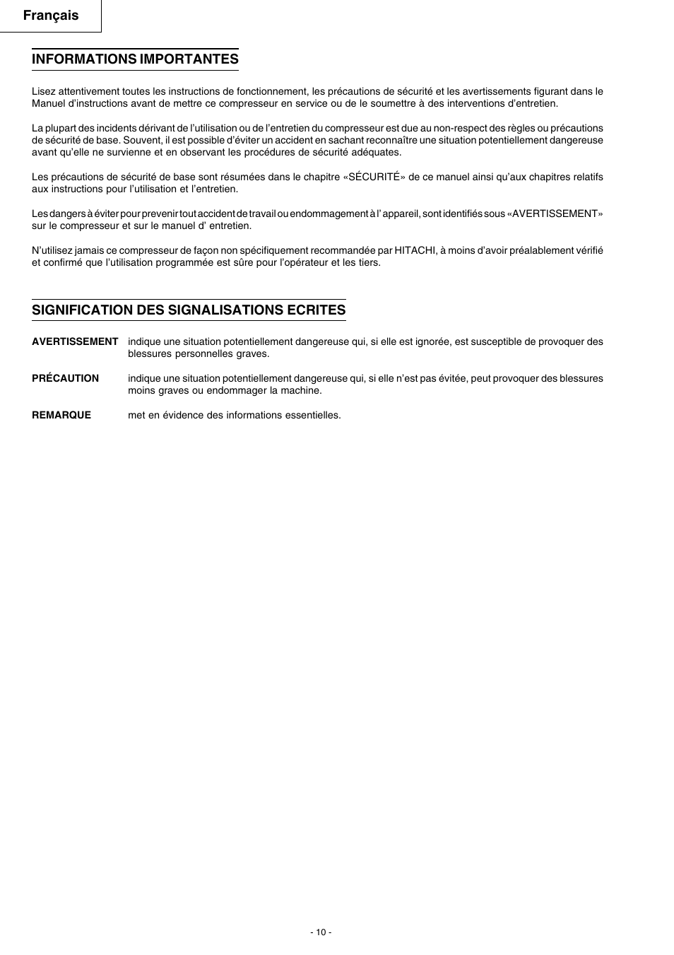 Français informations importantes, Signification des signalisations ecrites | Hitachi EC 79 User Manual | Page 10 / 28