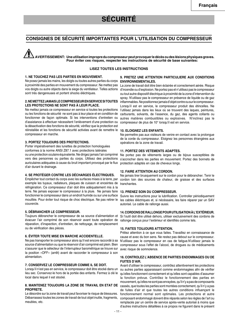 Sécurité, Français | Hitachi EC 79 User Manual | Page 11 / 28