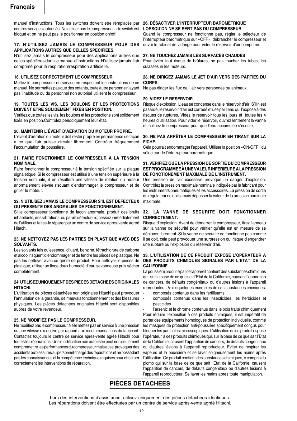 Français, Pièces detachees | Hitachi EC 79 User Manual | Page 12 / 28