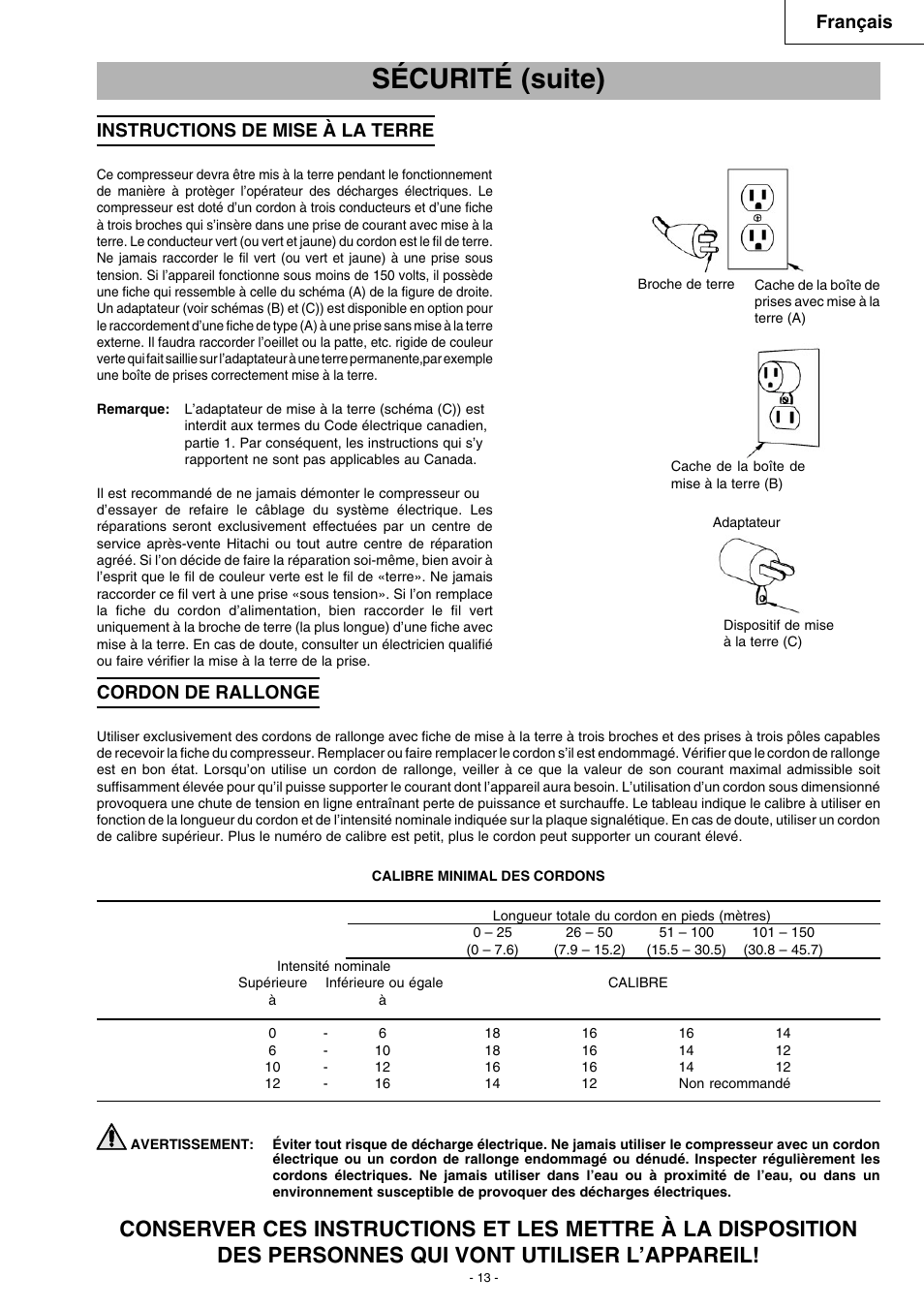 Sécurité (suite), Français, Instructions de mise à la terre | Cordon de rallonge | Hitachi EC 79 User Manual | Page 13 / 28