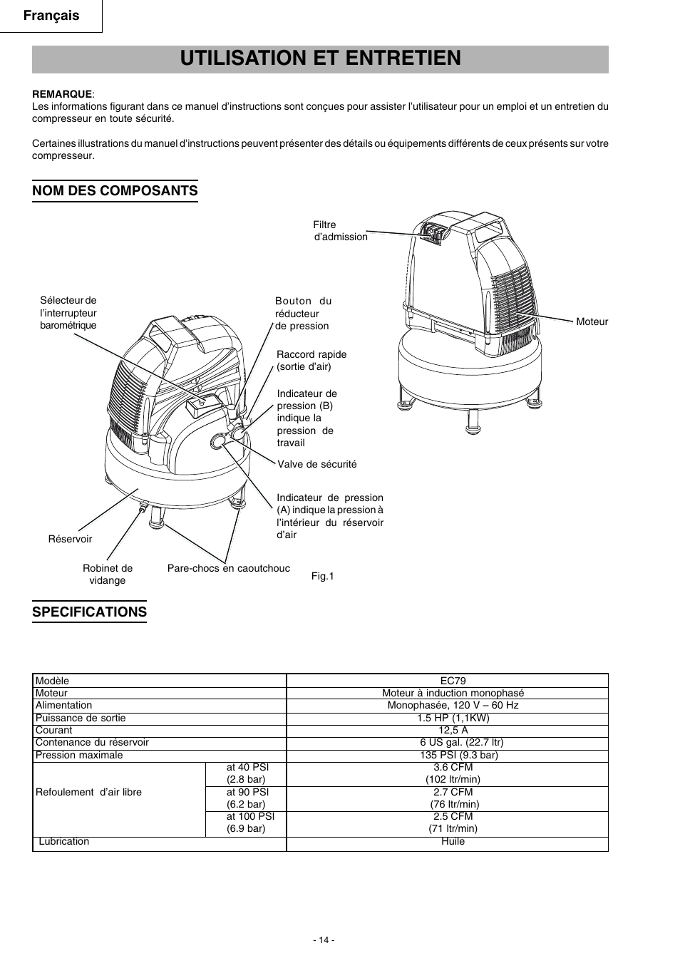 Utilisation et entretien, Français, Specifications | Nom des composants | Hitachi EC 79 User Manual | Page 14 / 28
