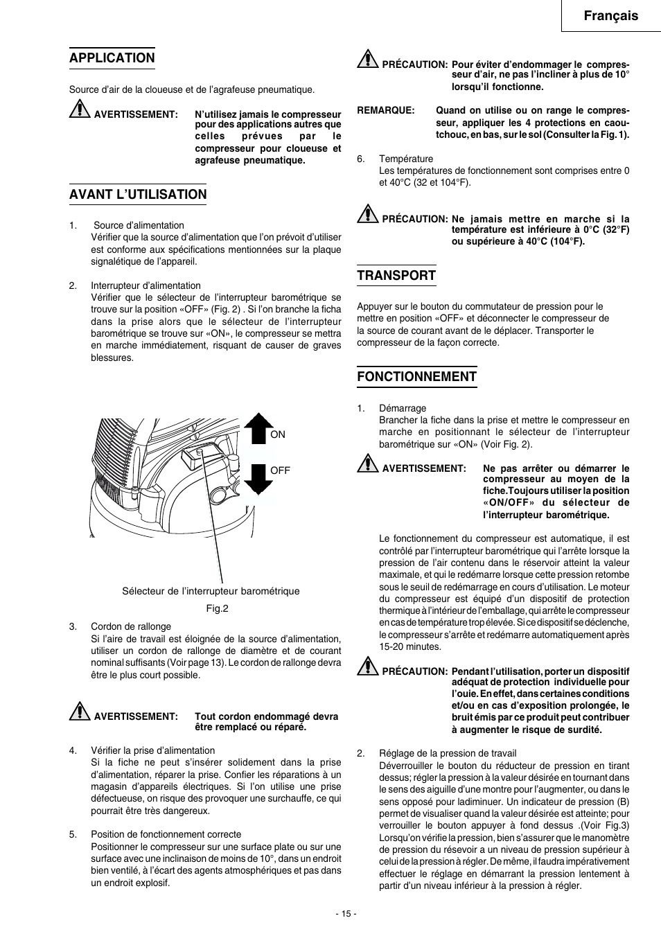 Français, Application, Avant l’utilisation | Transport, Fonctionnement | Hitachi EC 79 User Manual | Page 15 / 28