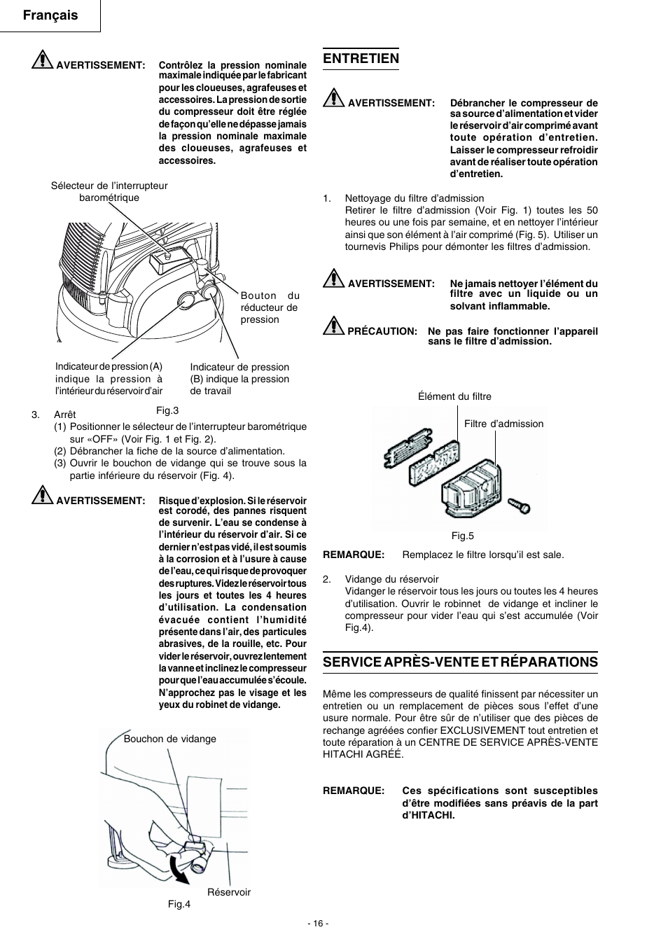 Français, Entretien, Service après-vente et réparations | Hitachi EC 79 User Manual | Page 16 / 28