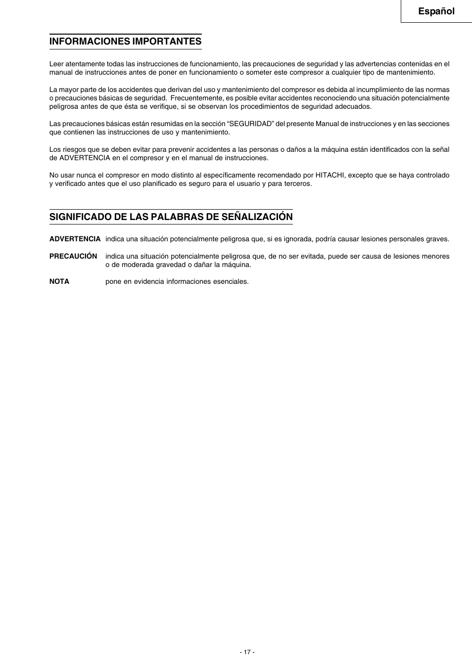 Español informaciones importantes, Significado de las palabras de señalización | Hitachi EC 79 User Manual | Page 17 / 28