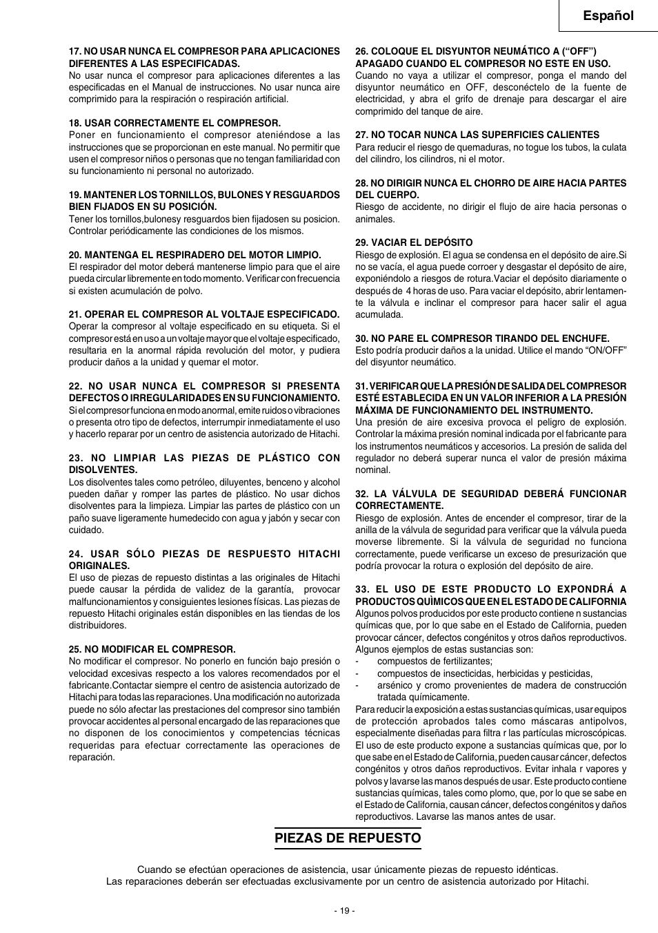 Español, Piezas de repuesto | Hitachi EC 79 User Manual | Page 19 / 28