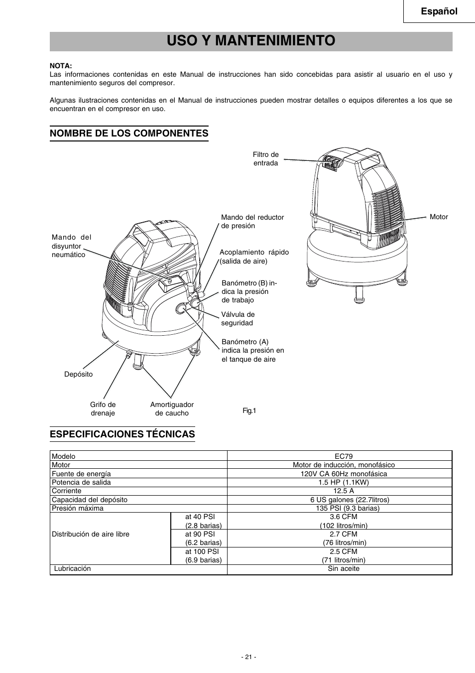 Uso y mantenimiento, Español | Hitachi EC 79 User Manual | Page 21 / 28