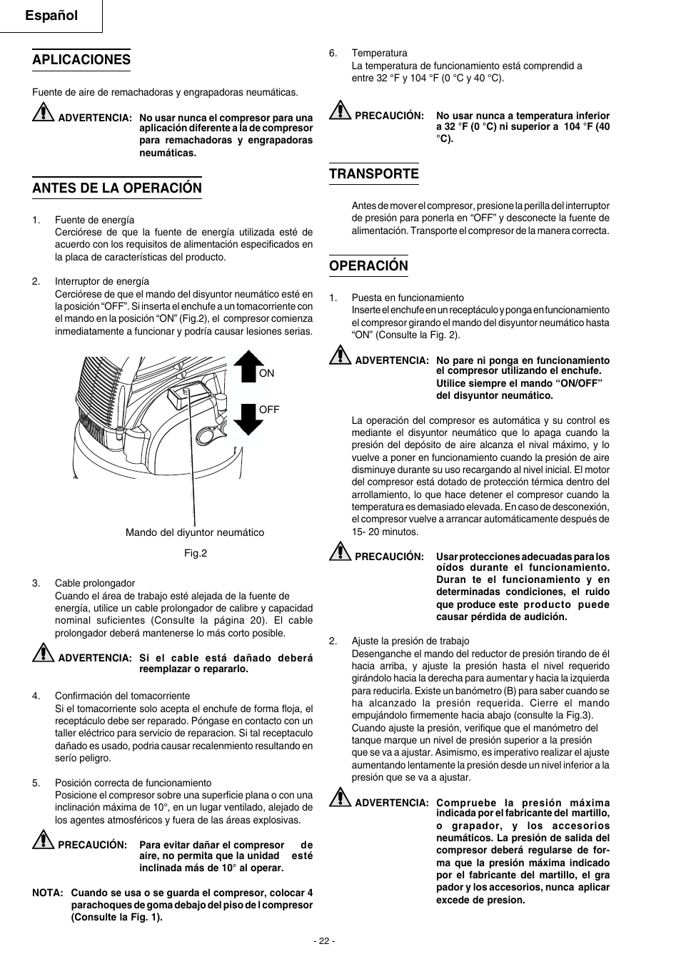 Español, Aplicaciones, Antes de la operación | Transporte, Operación | Hitachi EC 79 User Manual | Page 22 / 28