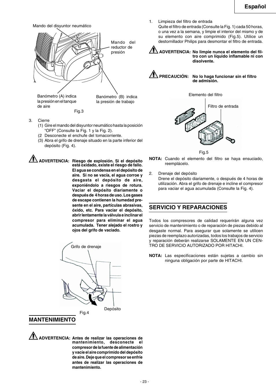 Español, Mantenimiento, Servicio y reparaciones | Hitachi EC 79 User Manual | Page 23 / 28