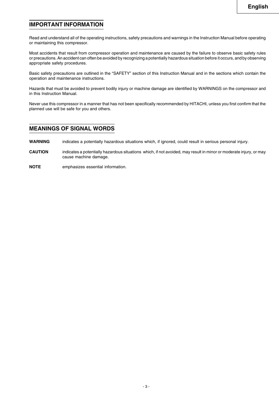 English important information, Meanings of signal words | Hitachi EC 79 User Manual | Page 3 / 28