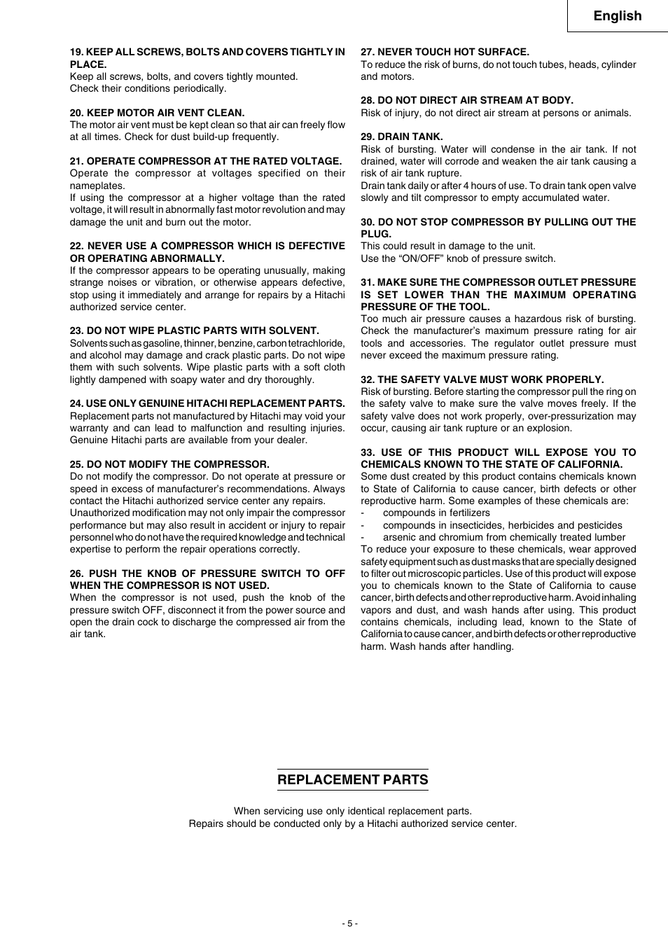 English, Replacement parts | Hitachi EC 79 User Manual | Page 5 / 28