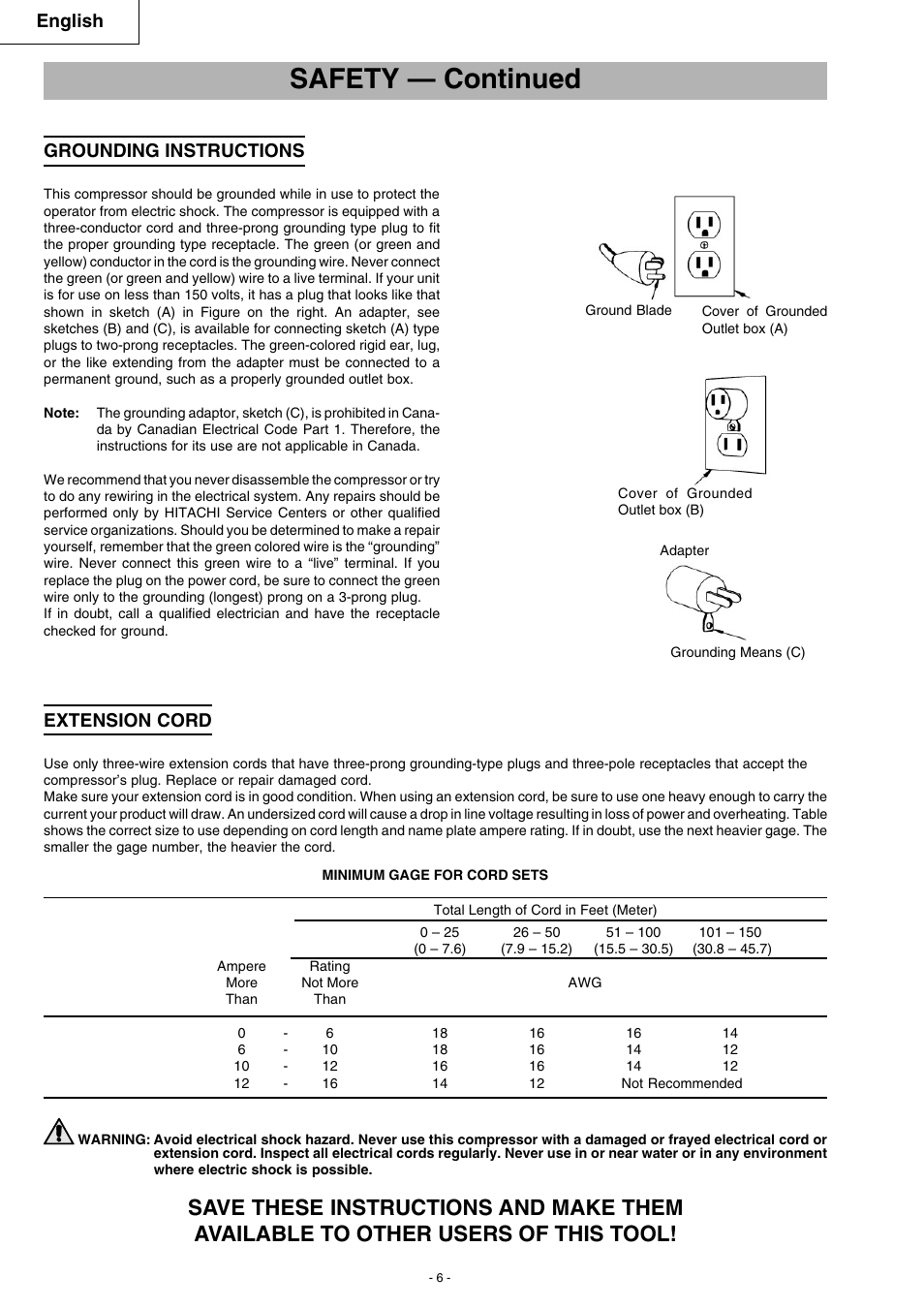 Safety — continued, English, Grounding instructions | Extension cord | Hitachi EC 79 User Manual | Page 6 / 28
