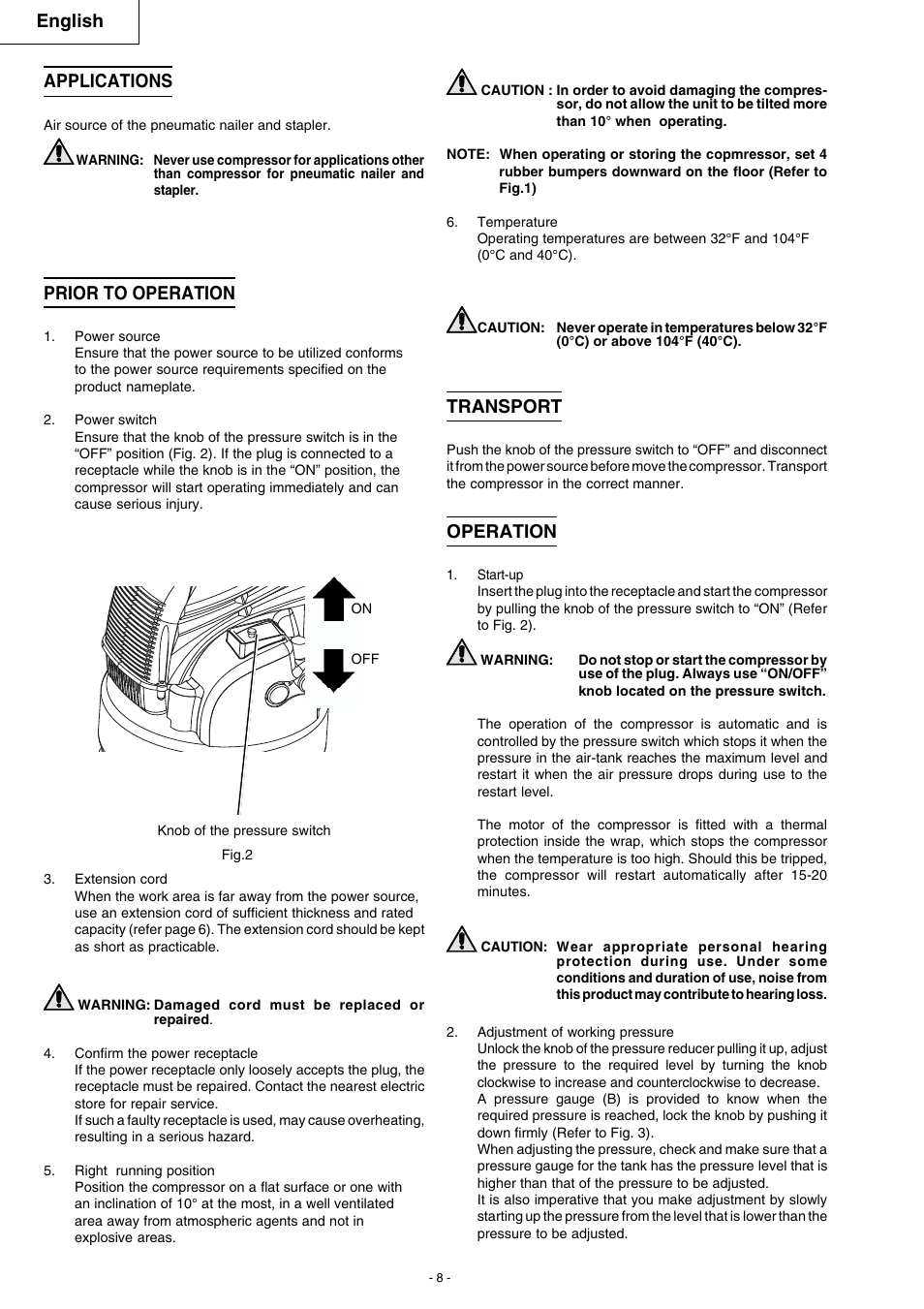 English, Applications, Transport | Operation, Prior to operation | Hitachi EC 79 User Manual | Page 8 / 28