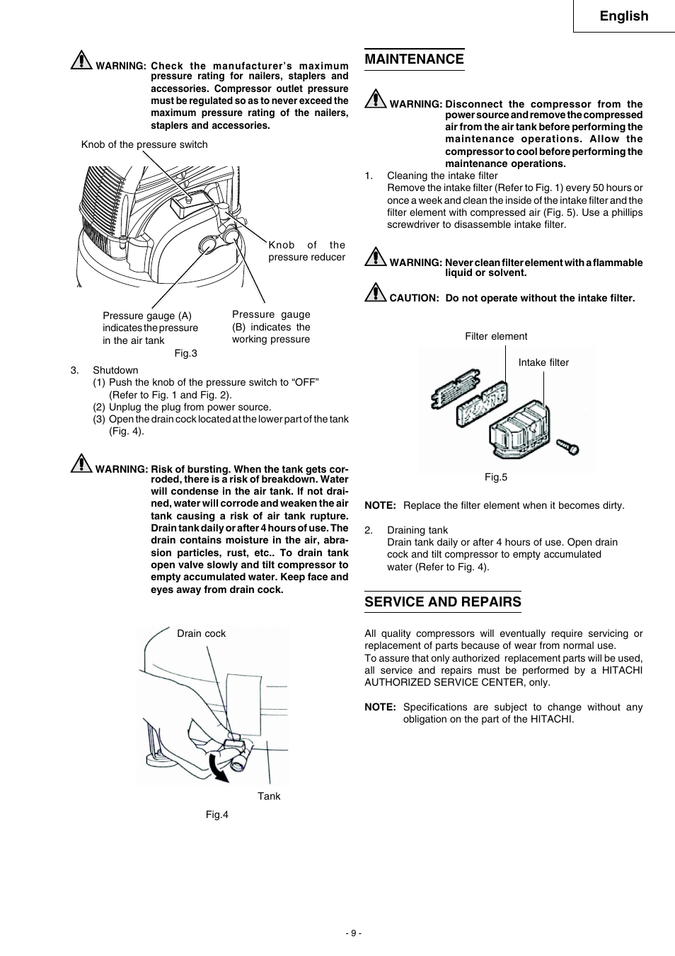 English, Maintenance, Service and repairs | Hitachi EC 79 User Manual | Page 9 / 28