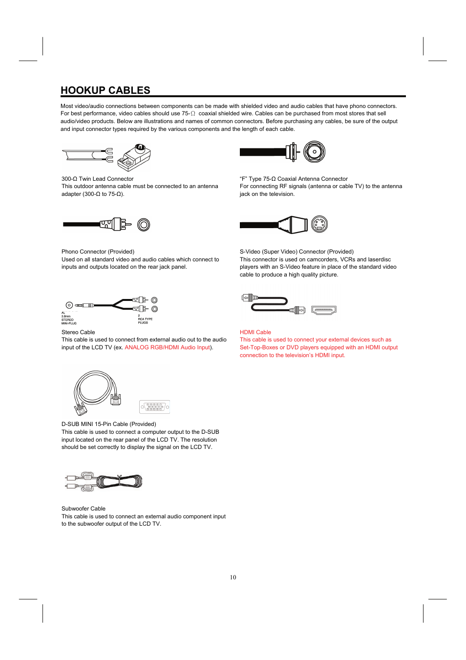 Hookup cables | Hitachi 32HDL52A User Manual | Page 11 / 53