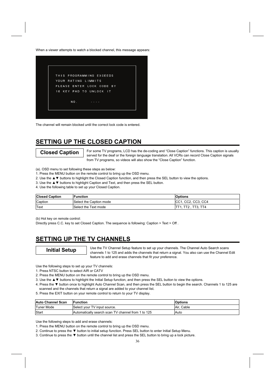 Setting up the closed caption, Setting up the tv channels, Closed caption initial setup | Hitachi 32HDL52A User Manual | Page 37 / 53