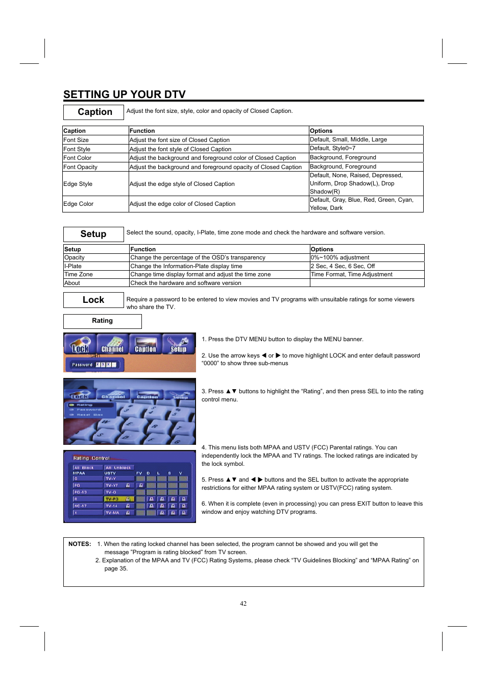 Setting up your dtv, Caption setup lock | Hitachi 32HDL52A User Manual | Page 43 / 53
