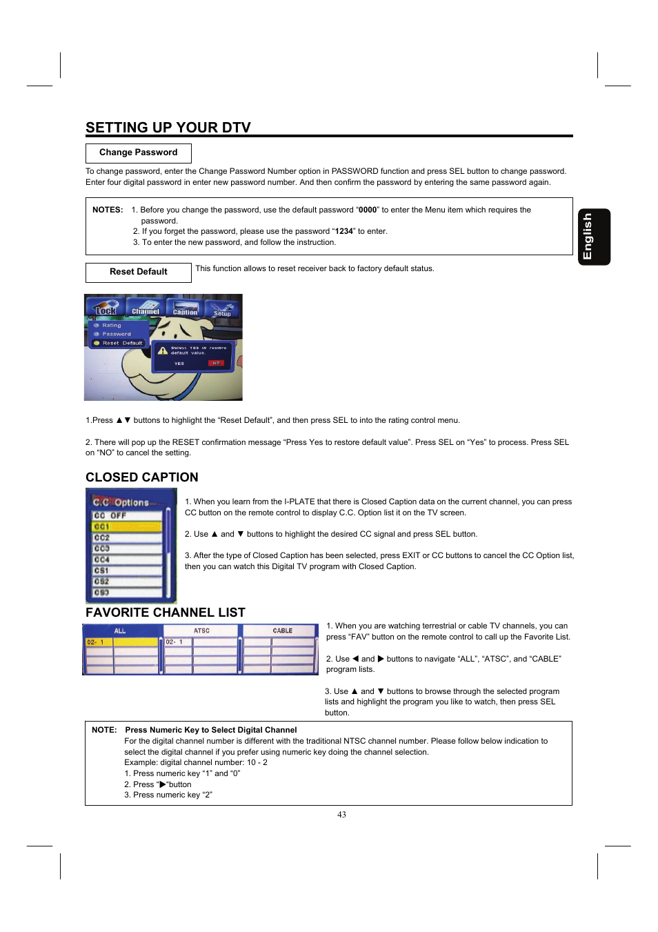 Setting up your dtv, Closed caption, Favorite channel list | Hitachi 32HDL52A User Manual | Page 44 / 53