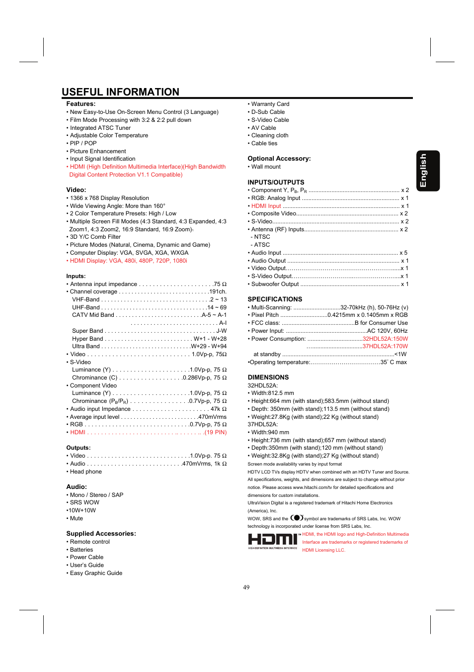Useful information, English | Hitachi 32HDL52A User Manual | Page 50 / 53