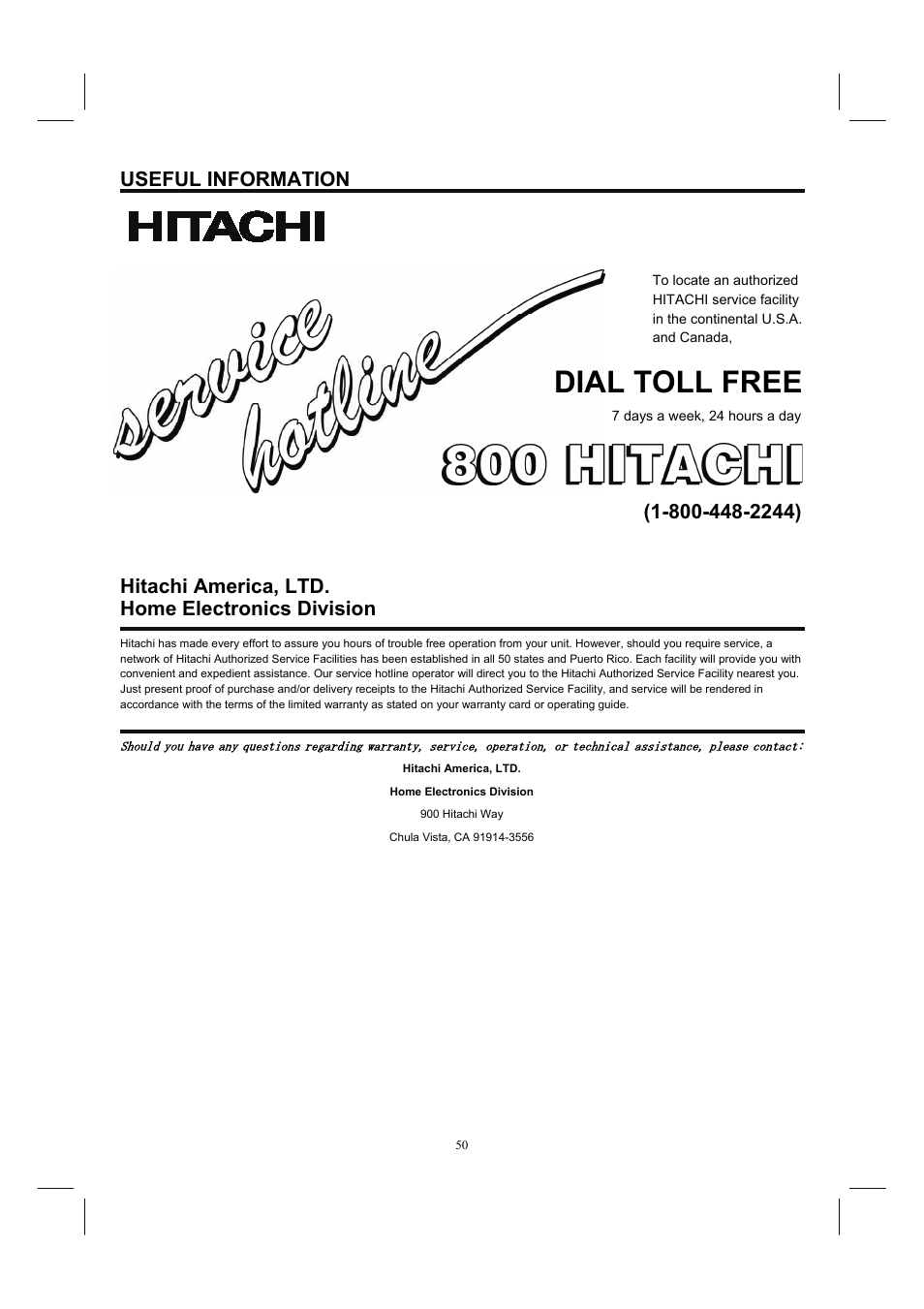 Dial toll free, Useful information, Hitachi america, ltd. home electronics division | Hitachi 32HDL52A User Manual | Page 51 / 53
