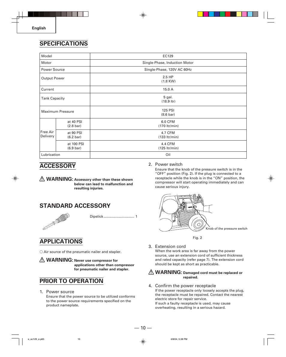 Specifications, Accessory, Standard accessory | Applications, Prior to operation, Warning | Hitachi EC 129 User Manual | Page 10 / 38