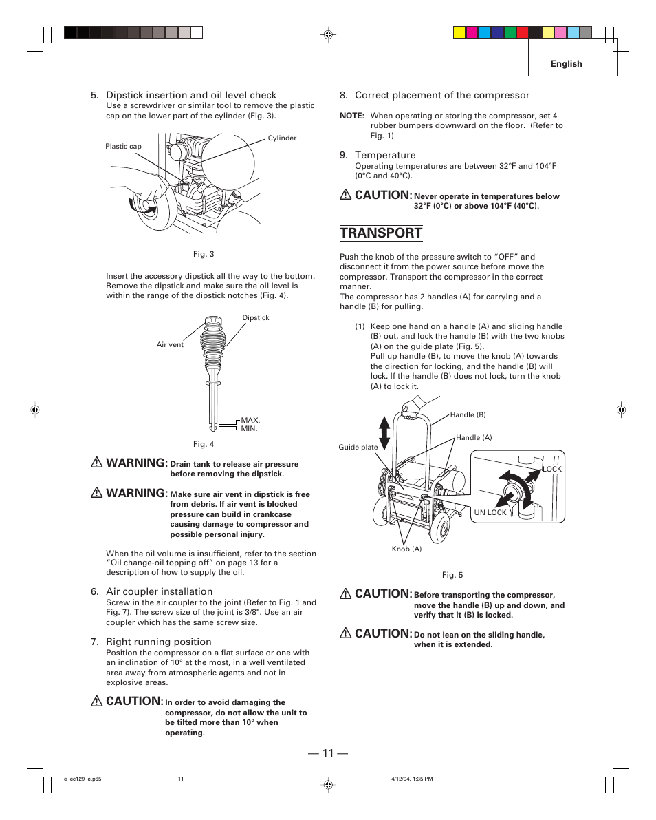 Transport, Warning, Caution | Hitachi EC 129 User Manual | Page 11 / 38