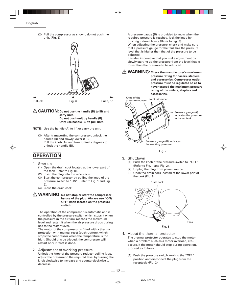 Operation, Caution, Warning | Hitachi EC 129 User Manual | Page 12 / 38