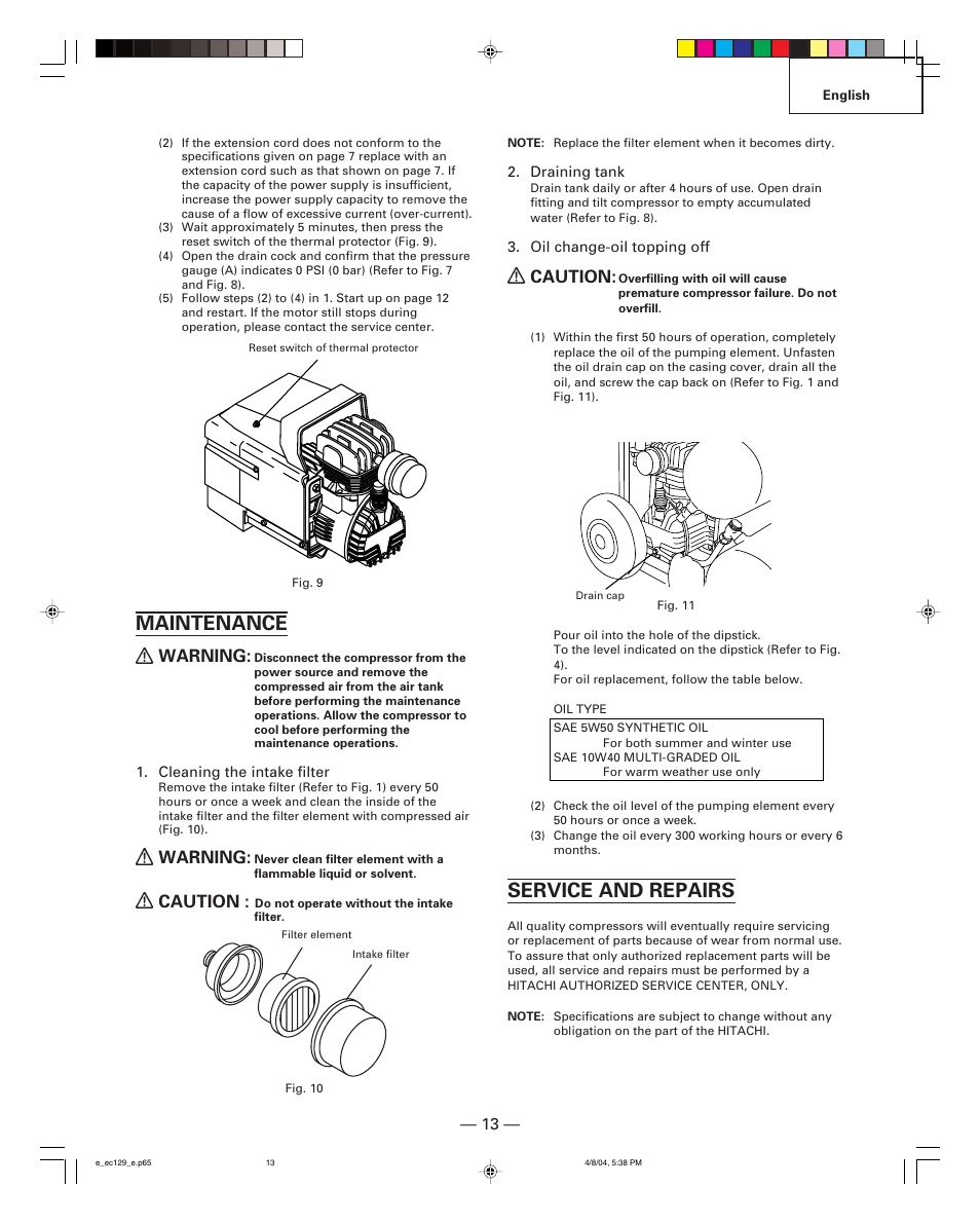 Maintenance, Service and repairs, Warning | Caution | Hitachi EC 129 User Manual | Page 13 / 38