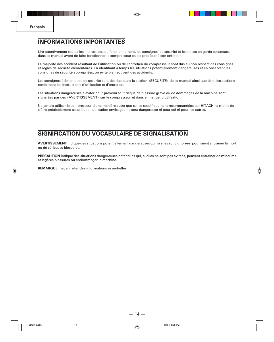 Informations importantes, Signification du vocabulaire de signalisation | Hitachi EC 129 User Manual | Page 14 / 38