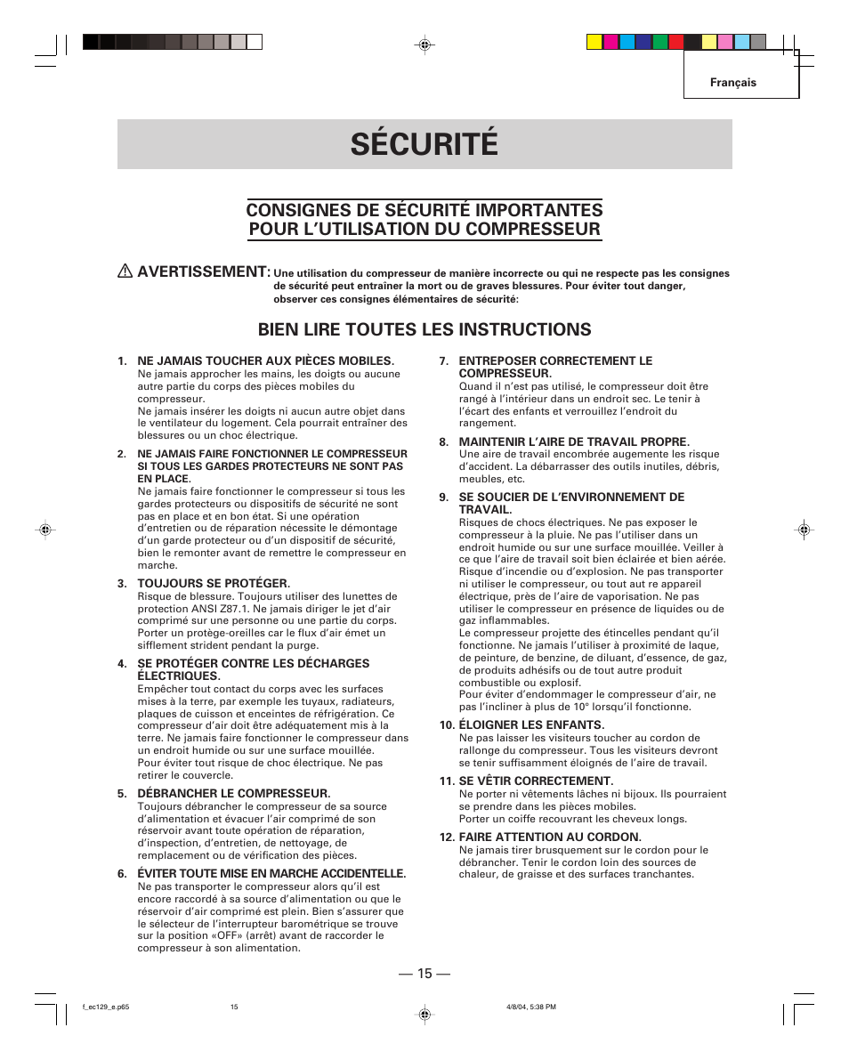 Sécurité, Bien lire toutes les instructions, Avertissement | Hitachi EC 129 User Manual | Page 15 / 38