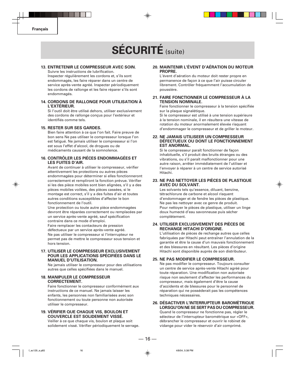 Sécurité, Suite) | Hitachi EC 129 User Manual | Page 16 / 38